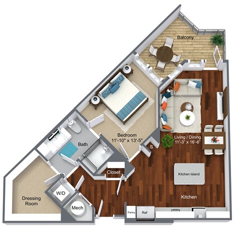 Floor plan for 1 bed, 1 bath, 808 sqft